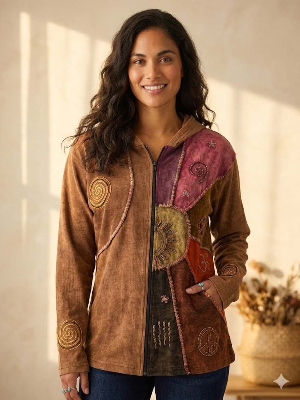 Patchwork Embroidered Zip-Up Cotton Jacket in Brown & Rust
